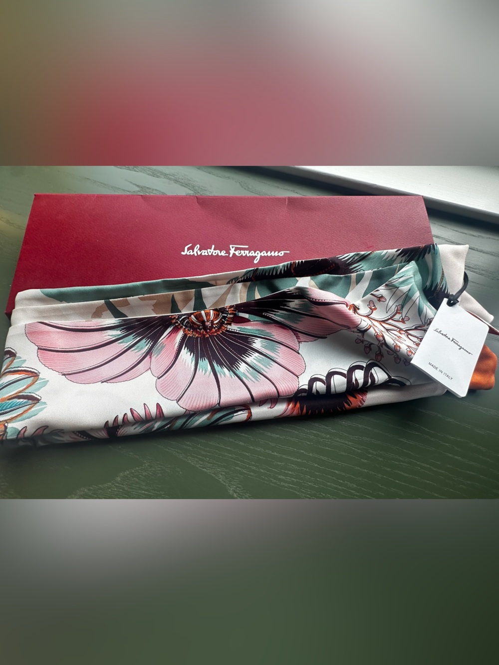 Salvatore Ferragamo reversible Brown Floral Silk Scarf with Cream Border -